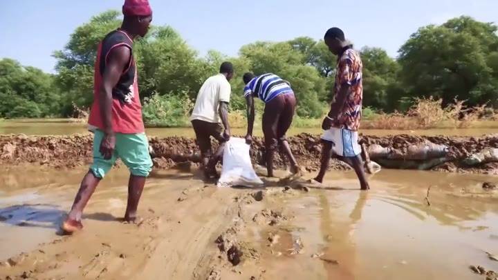 Illustration : des habitants montent une digue de sacs de sable face à une crue au Sénégal (extrait vidéo), VOA Afrique, domaine public, Wikimedia Commons.