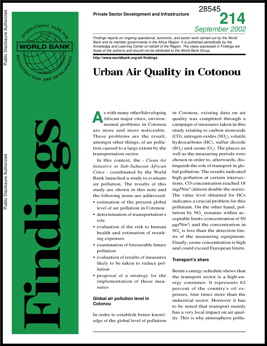 Urban Air Quality in Cotonou · Banque mondiale, 2002, CC BY 3.0 IGO.